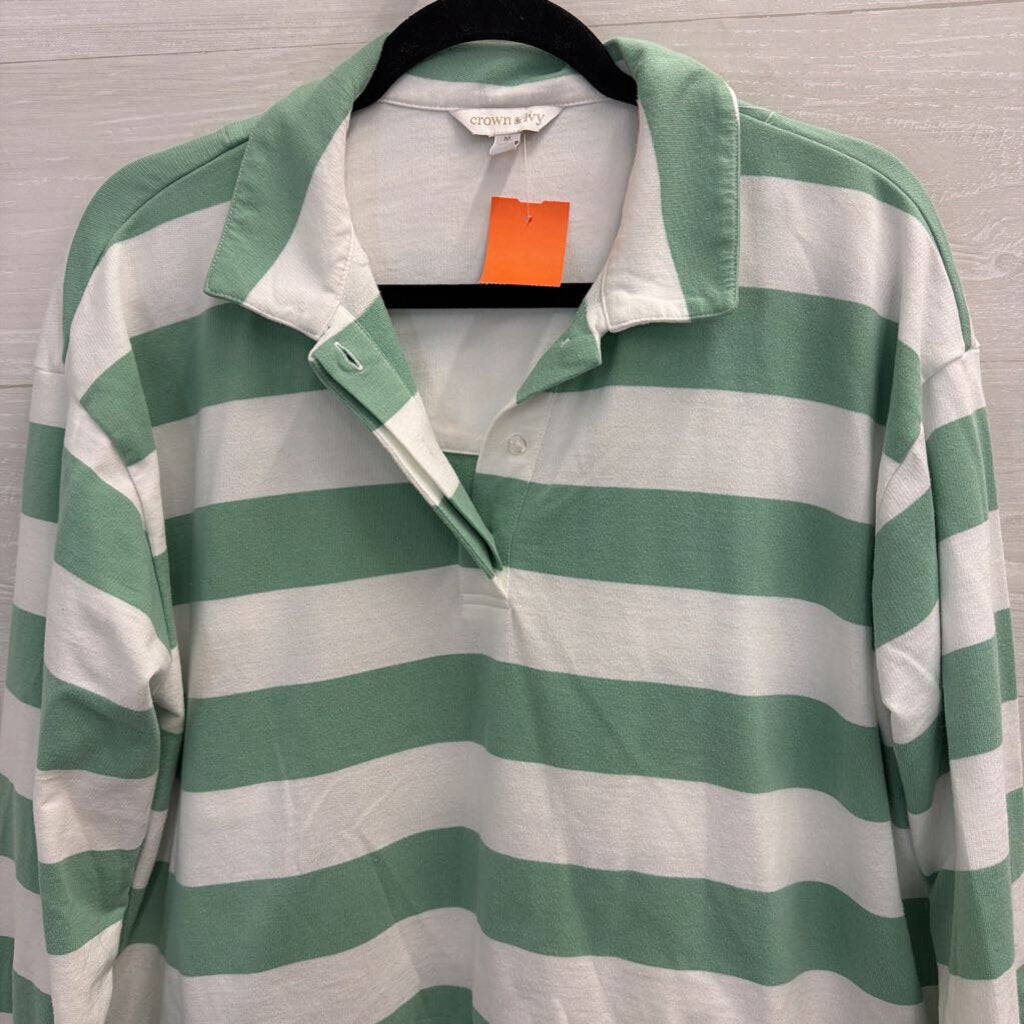 White/ Green Striped Cropped Henley Top Medium