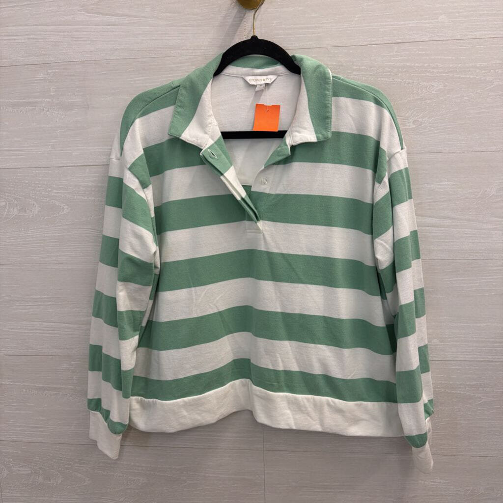 White/ Green Striped Cropped Henley Top Medium