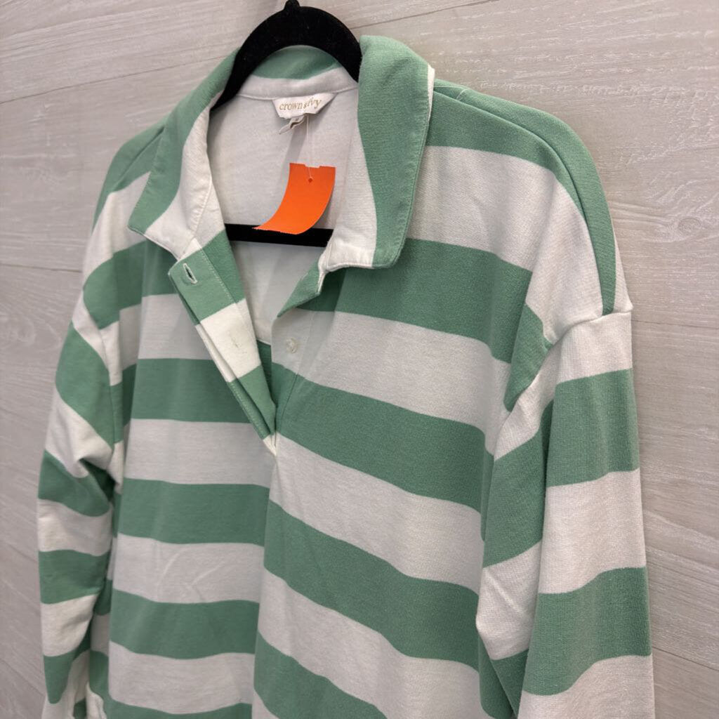 White/ Green Striped Cropped Henley Top Medium