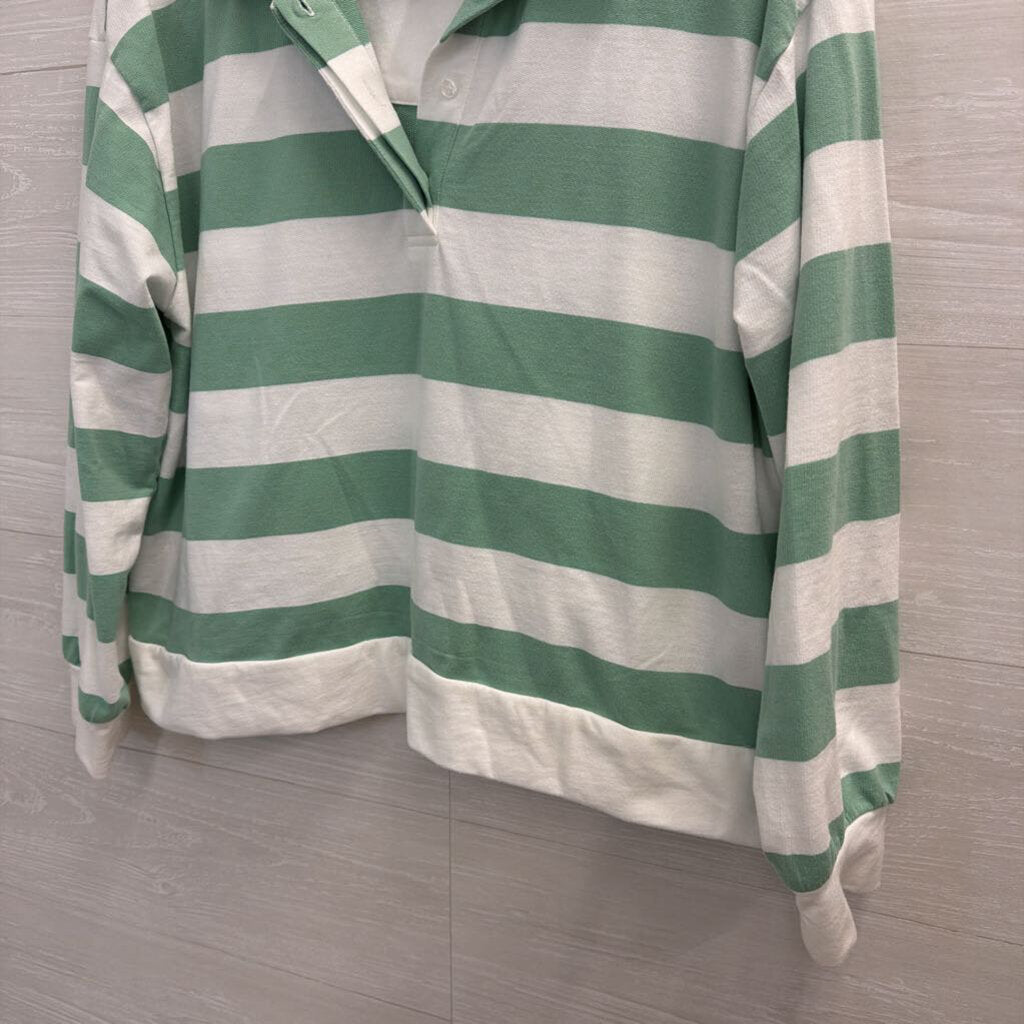 White/ Green Striped Cropped Henley Top Medium