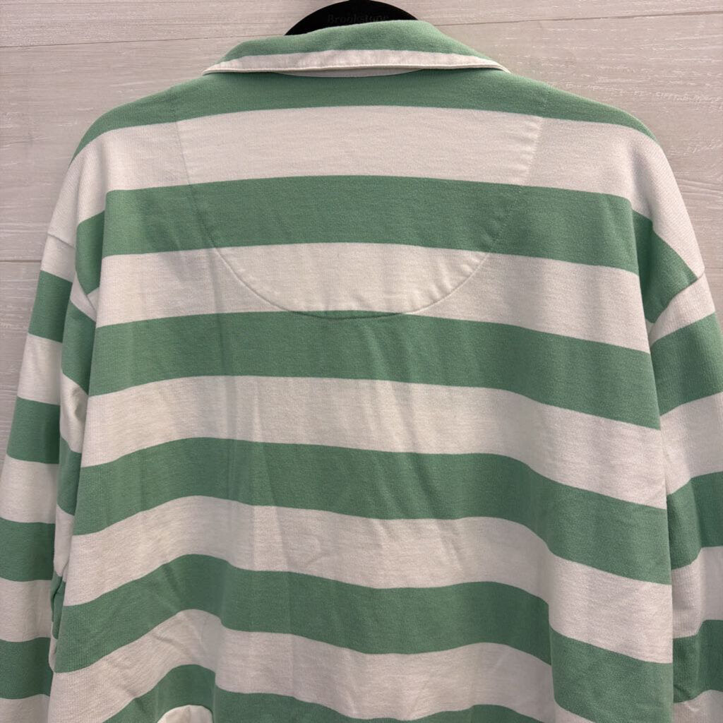White/ Green Striped Cropped Henley Top Medium