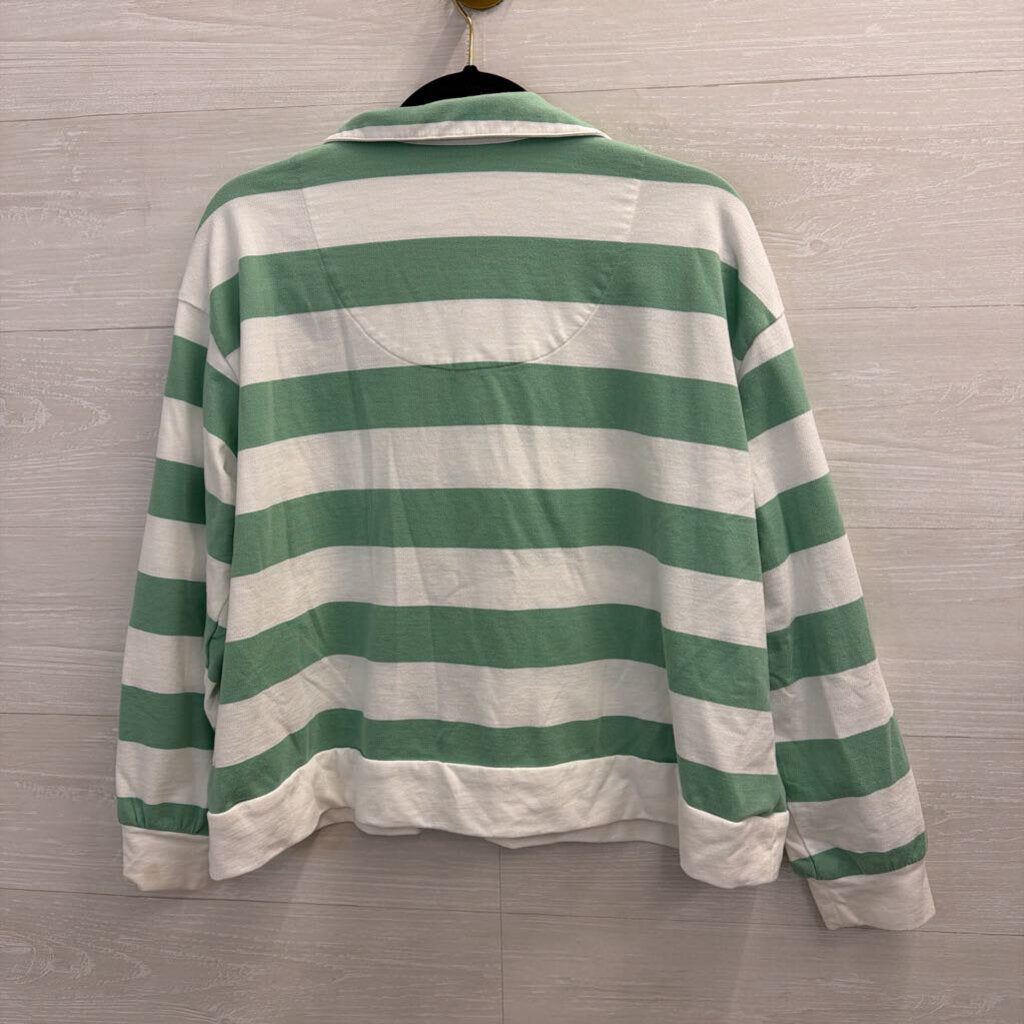 White/ Green Striped Cropped Henley Top Medium