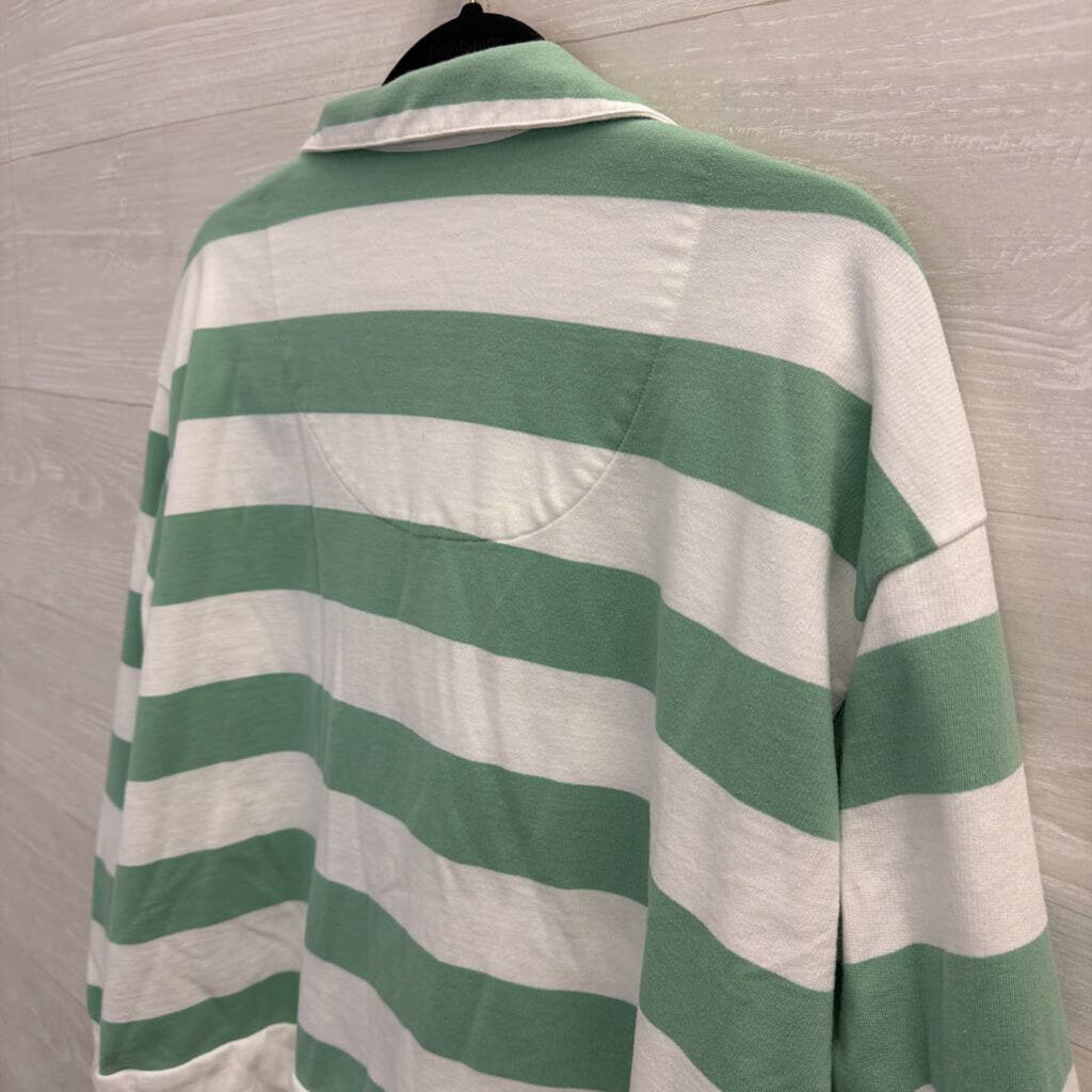White/ Green Striped Cropped Henley Top Medium