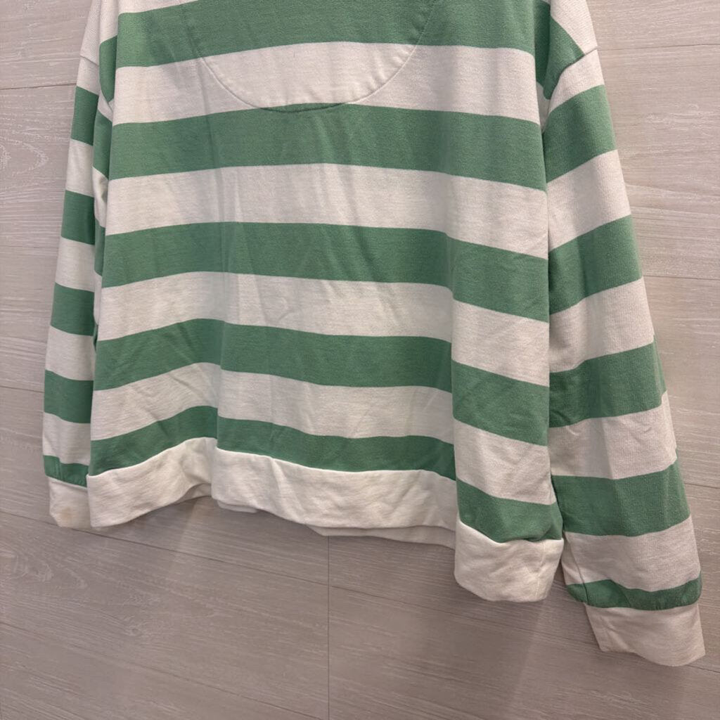 White/ Green Striped Cropped Henley Top Medium