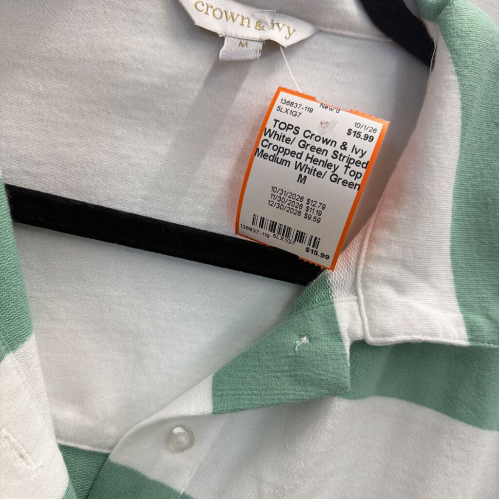White/ Green Striped Cropped Henley Top Medium