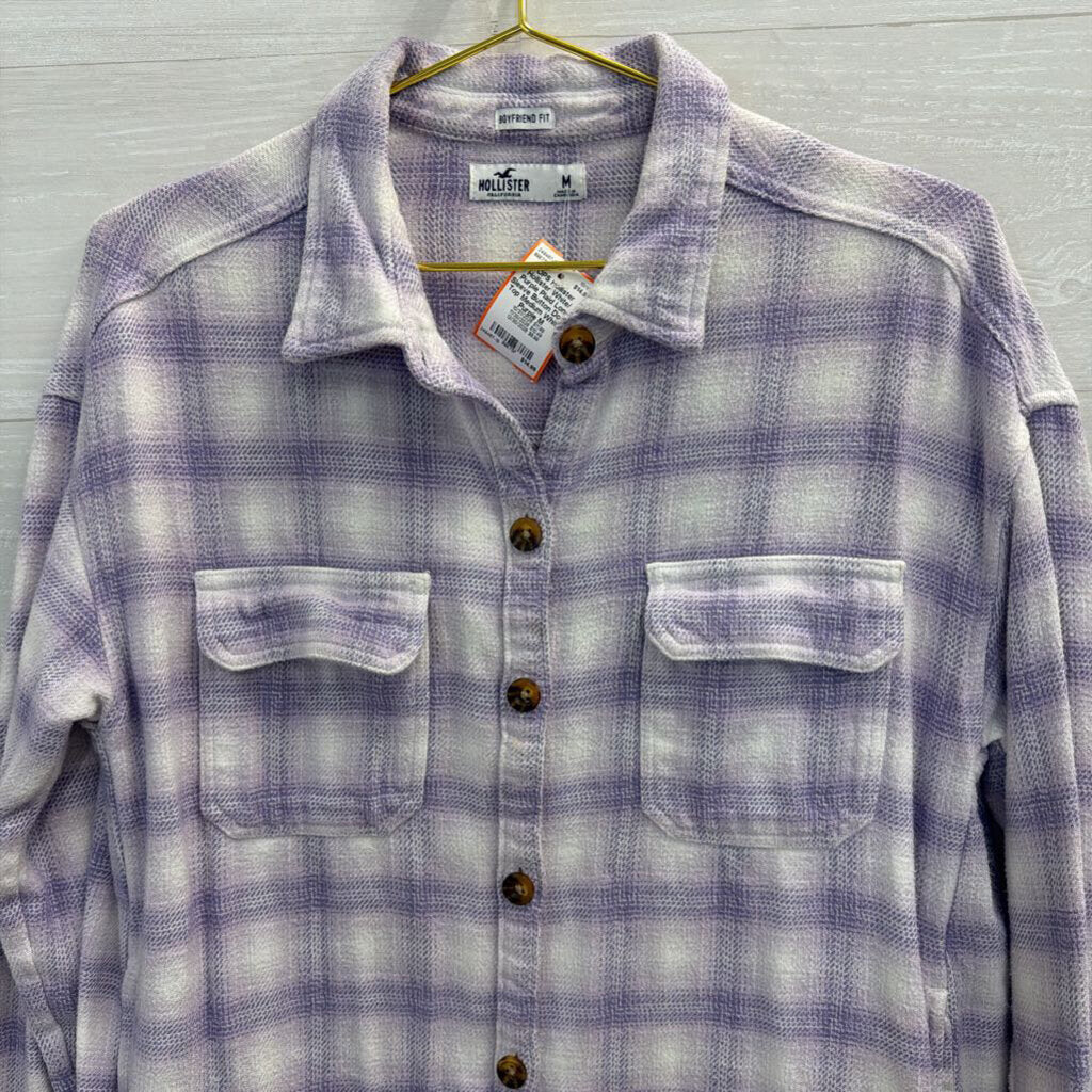Hollister White/ Purple Plaid Long Sleeve Button Down Top Medium