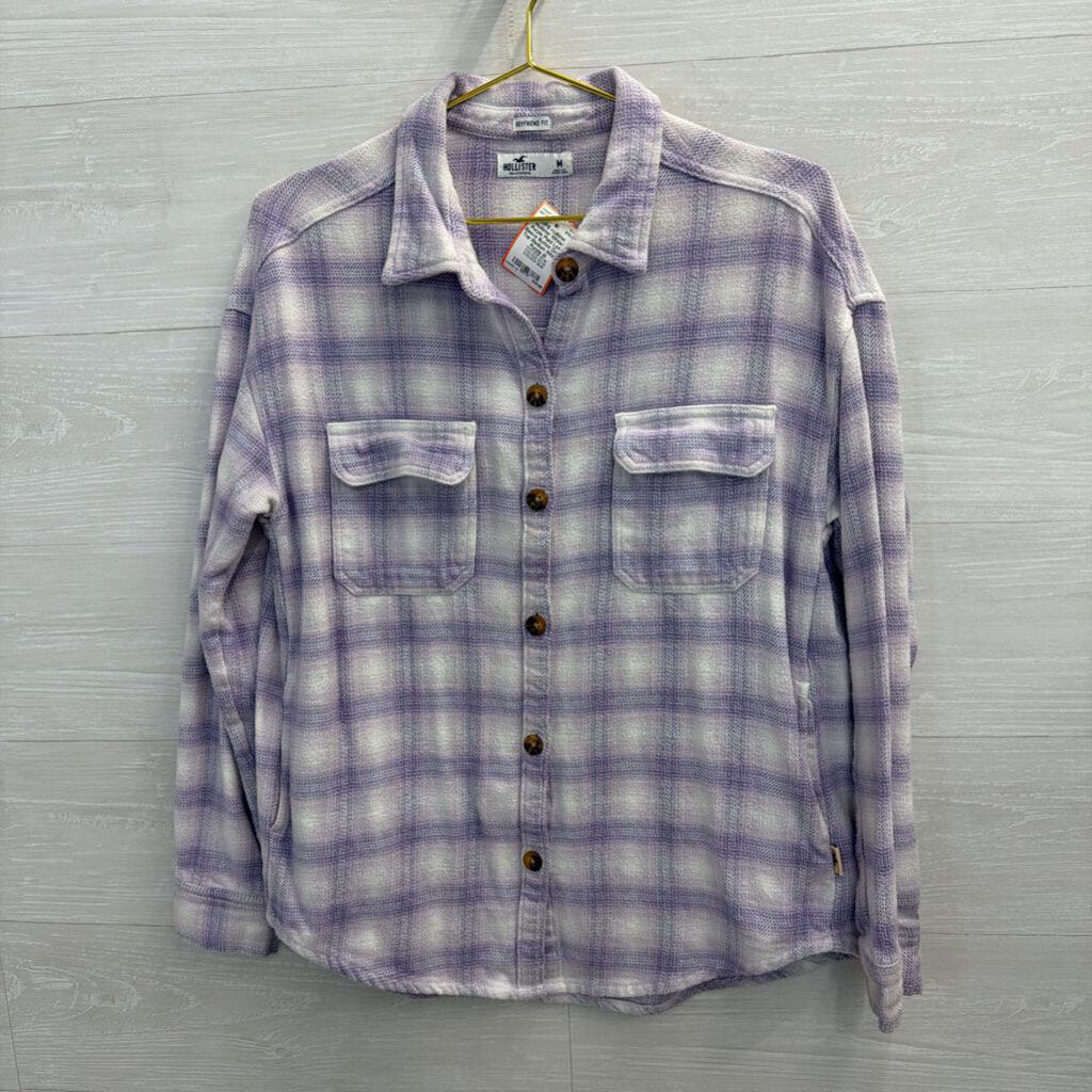 Hollister White/ Purple Plaid Long Sleeve Button Down Top Medium