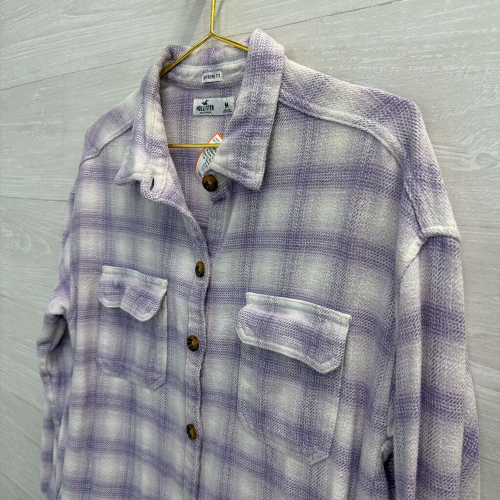Hollister White/ Purple Plaid Long Sleeve Button Down Top Medium