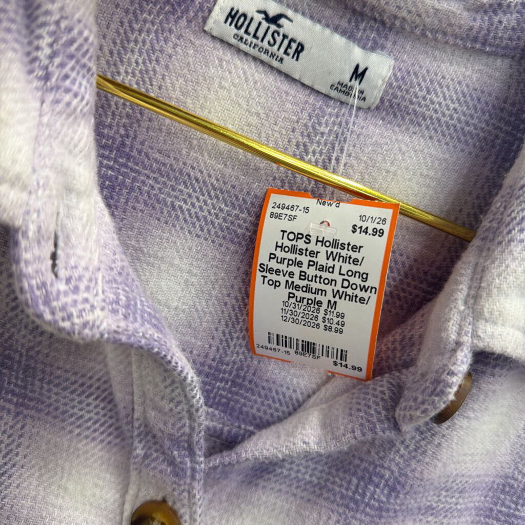 Hollister White/ Purple Plaid Long Sleeve Button Down Top Medium