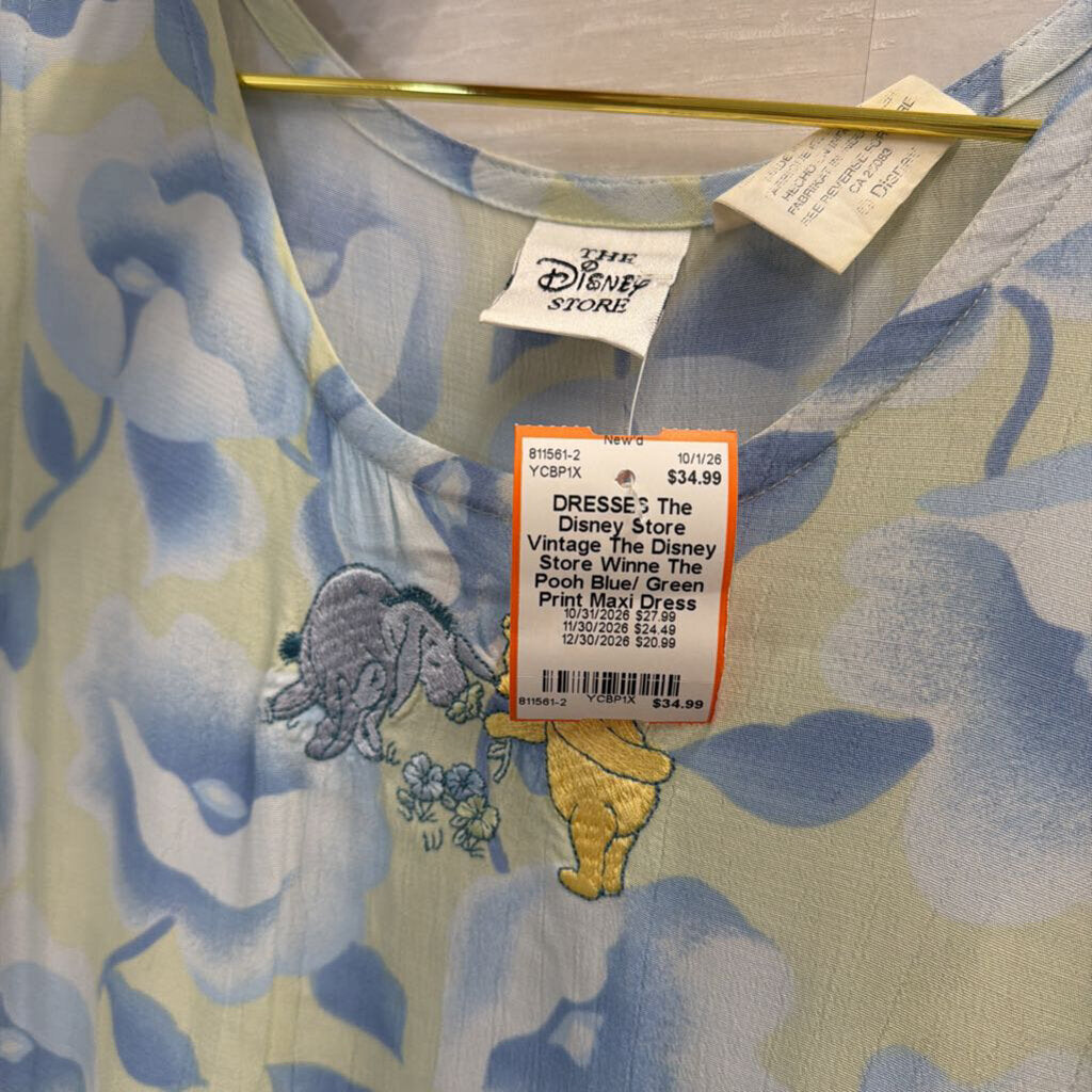 Vintage The Disney Store Winne The Pooh Blue/ Green Print Maxi Dress Small