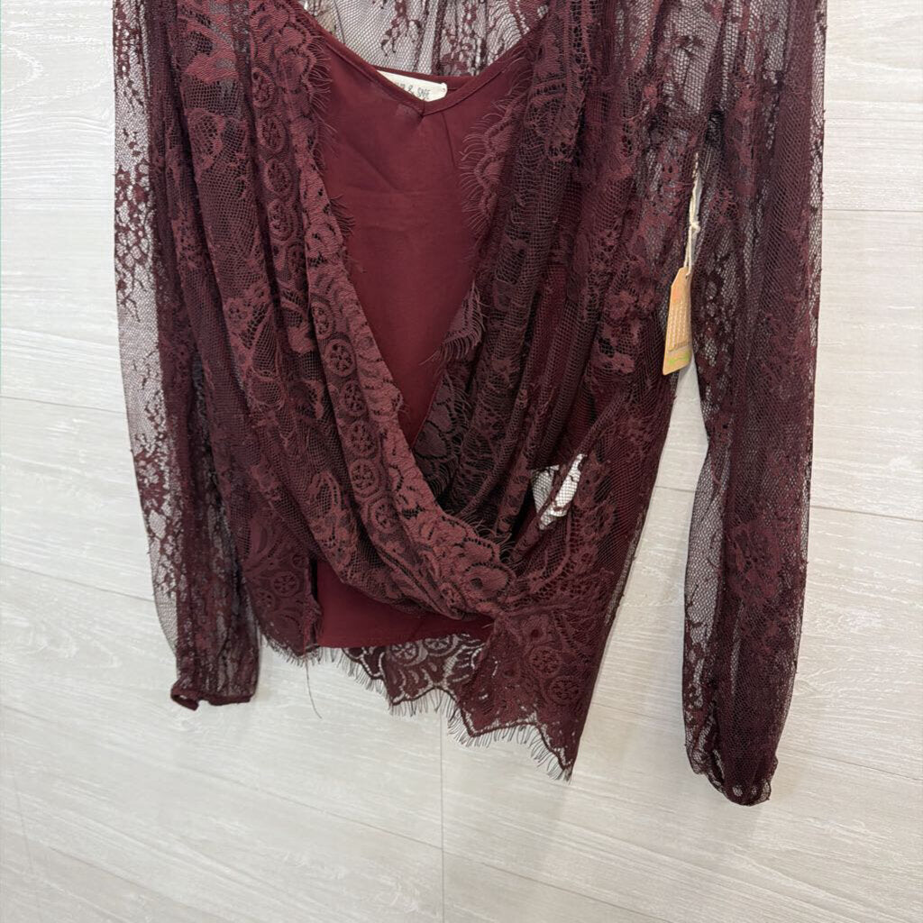 Taylor and Sage Burgundy Lace Long Sleeve Top Large