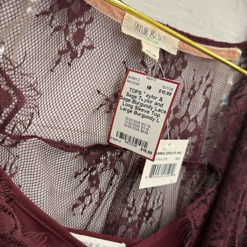 Taylor and Sage Burgundy Lace Long Sleeve Top Large