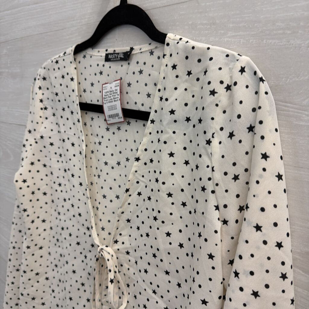 Nasty Gal White/ Black Star Print Tie Front Long Sleeve Top 6