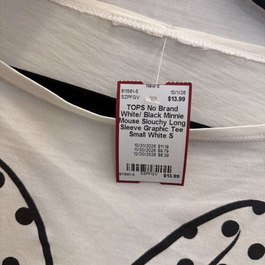 White/ Black Minnie Mouse Slouchy Long Sleeve Graphic Tee Small