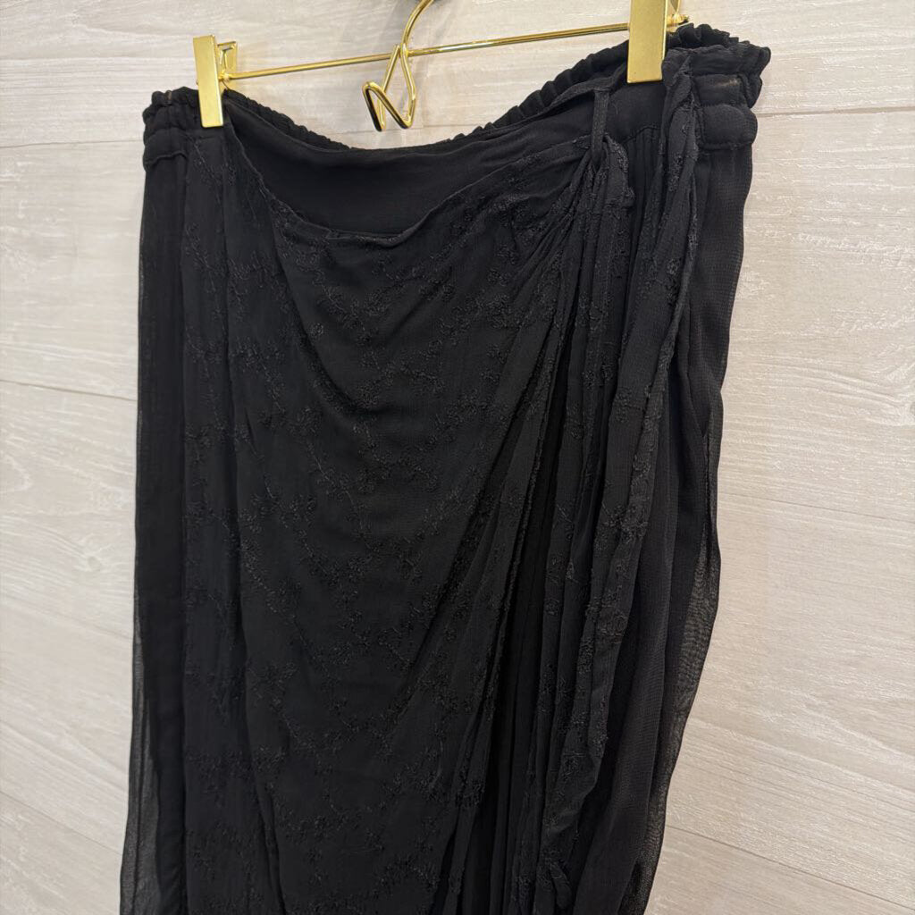 Vintage MSAS Black Embroidered Faux Wrap Maxi Skirt Small