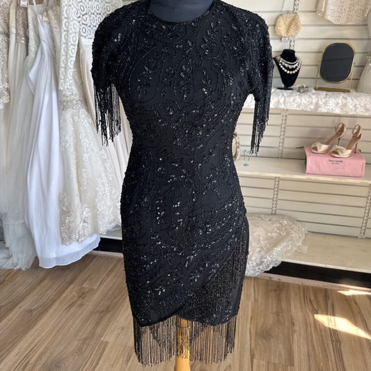 Vintage Stenay Black Sequin Short Sleeve Fringe Short Formal Dress 6