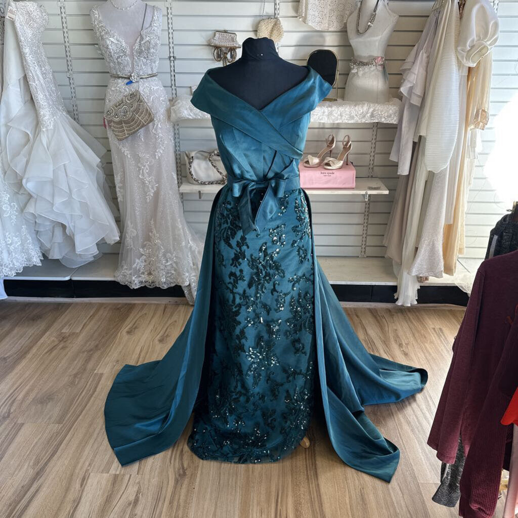 Green Sequin Long Dress With Overskirt Large