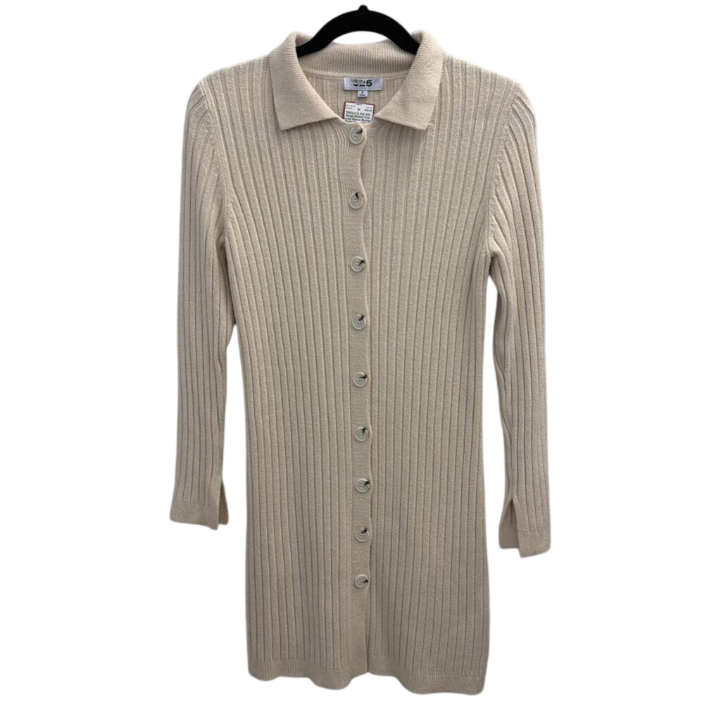 525 Beige Ribbed Knit Long Sleeve Button Down Dress Small