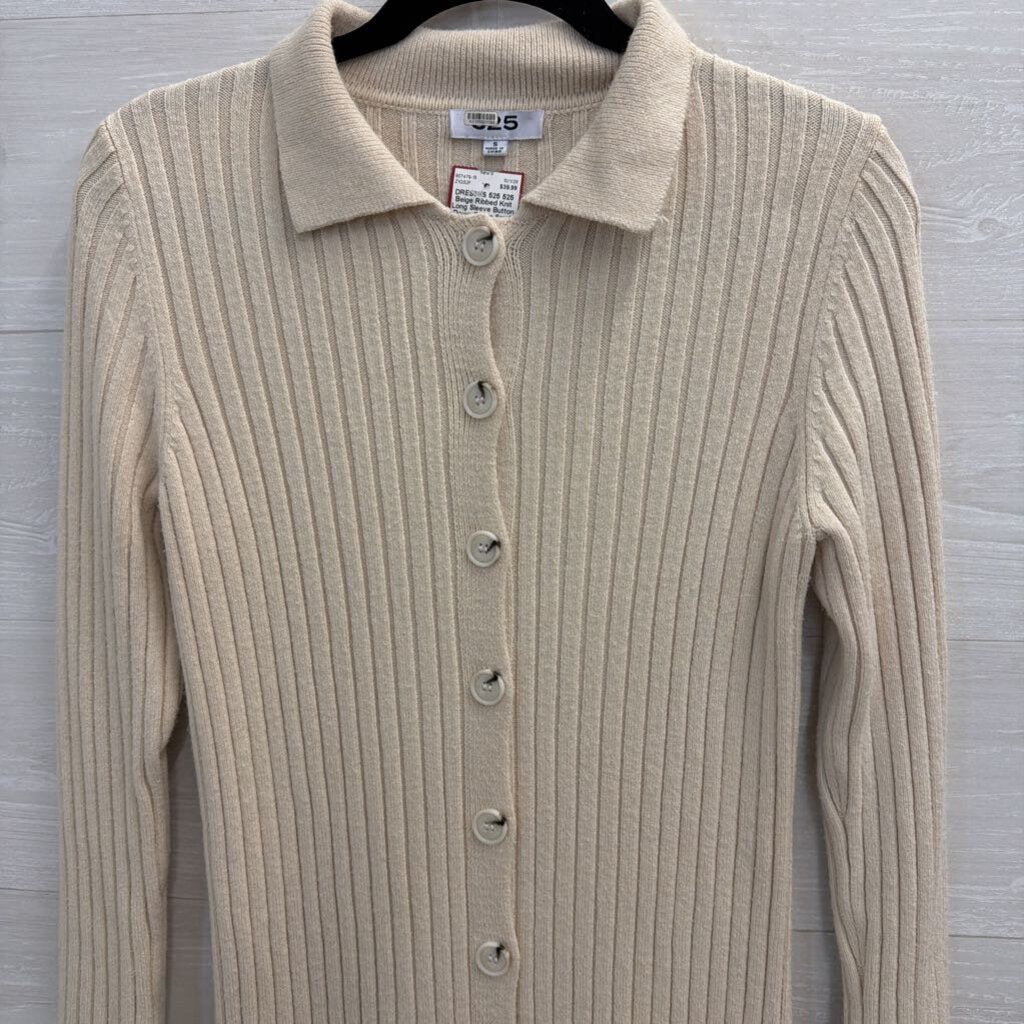 525 Beige Ribbed Knit Long Sleeve Button Down Dress Small