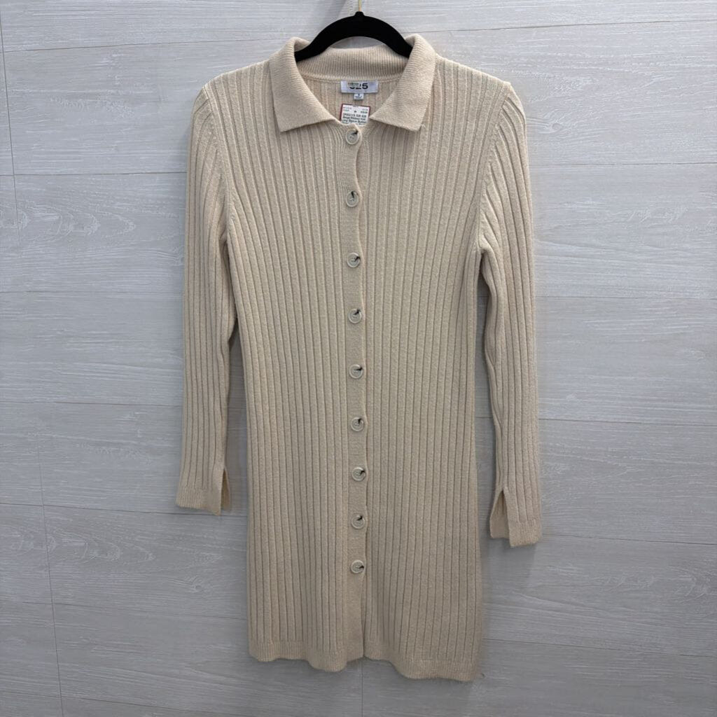 525 Beige Ribbed Knit Long Sleeve Button Down Dress Small