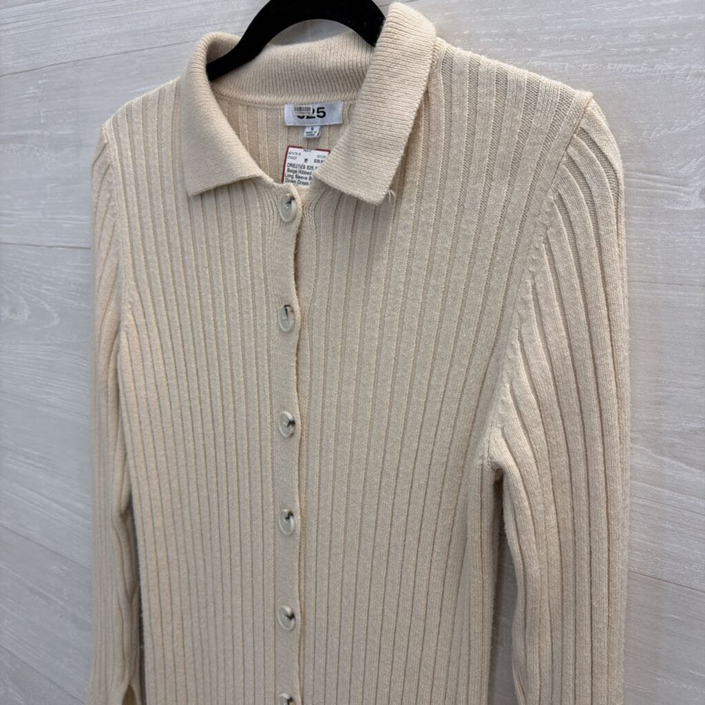 525 Beige Ribbed Knit Long Sleeve Button Down Dress Small