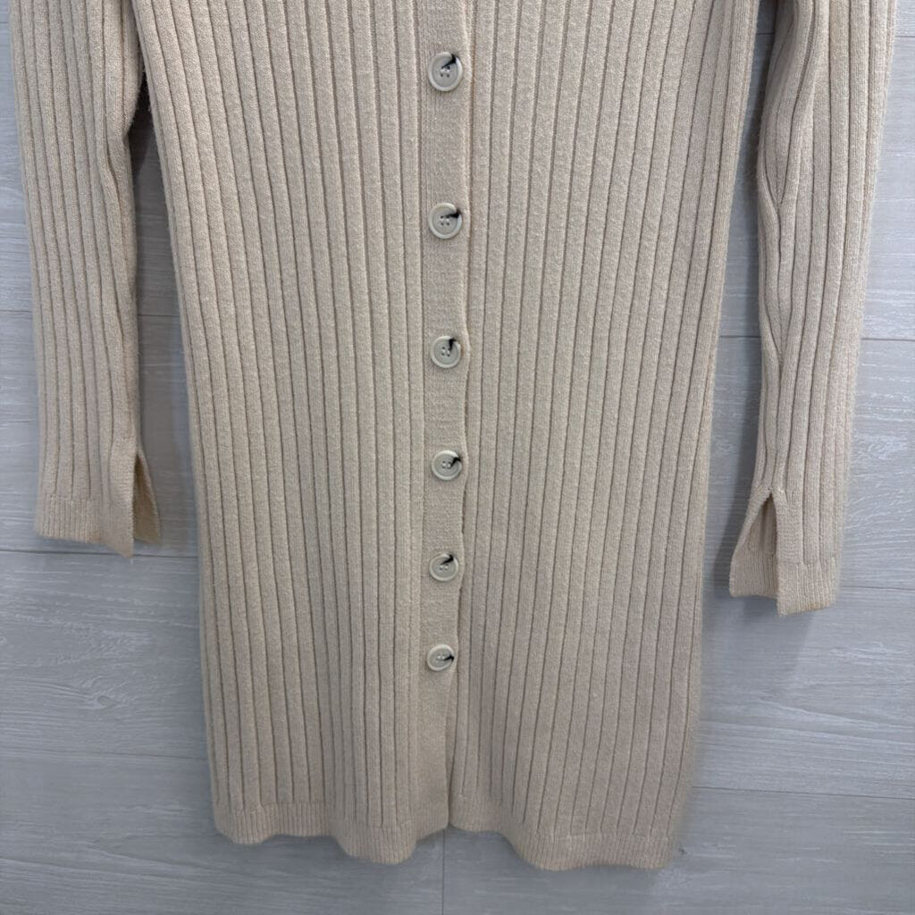 525 Beige Ribbed Knit Long Sleeve Button Down Dress Small