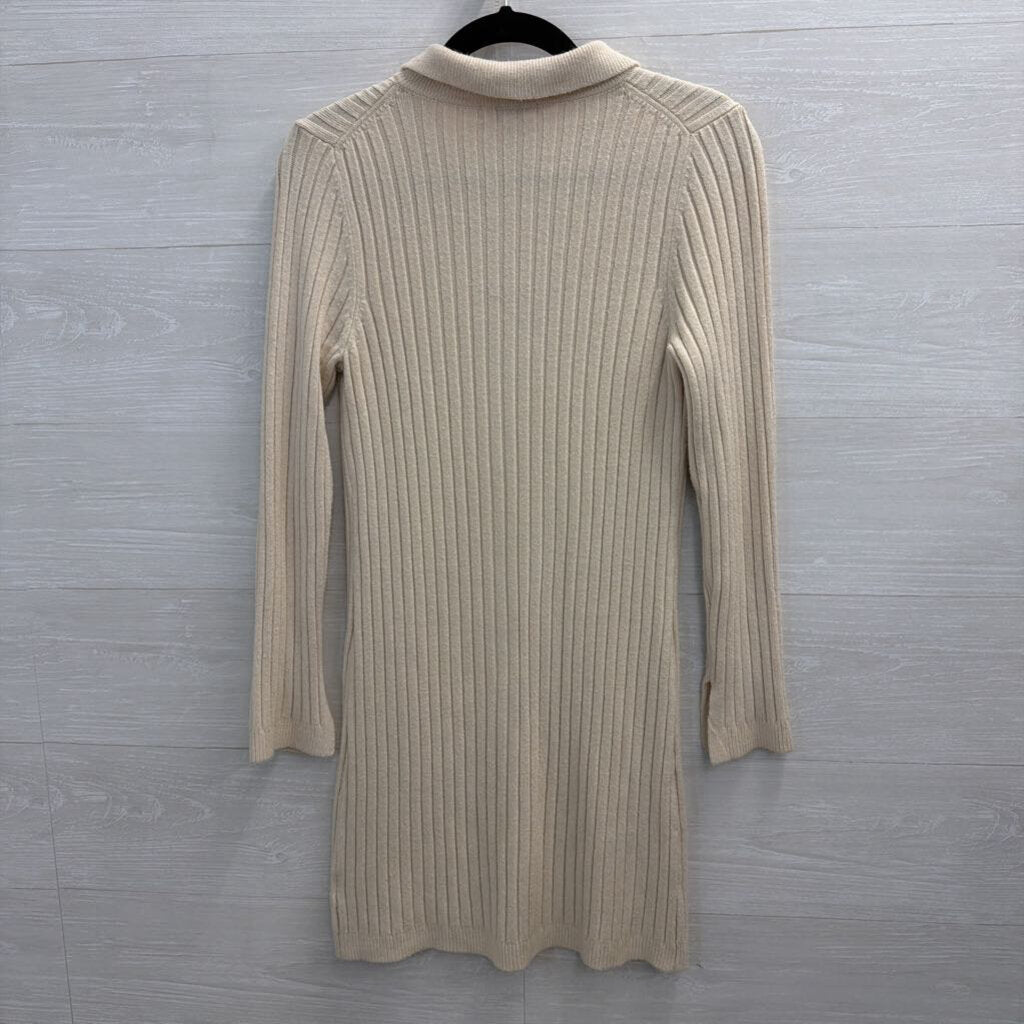 525 Beige Ribbed Knit Long Sleeve Button Down Dress Small