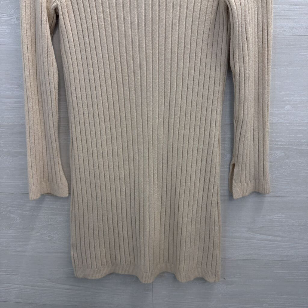 525 Beige Ribbed Knit Long Sleeve Button Down Dress Small
