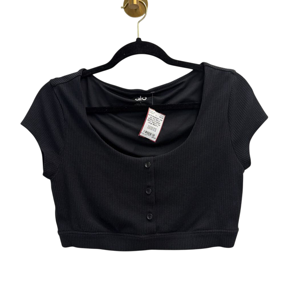 Alo Black Ribbed Cropped Short Sleeve Top Large