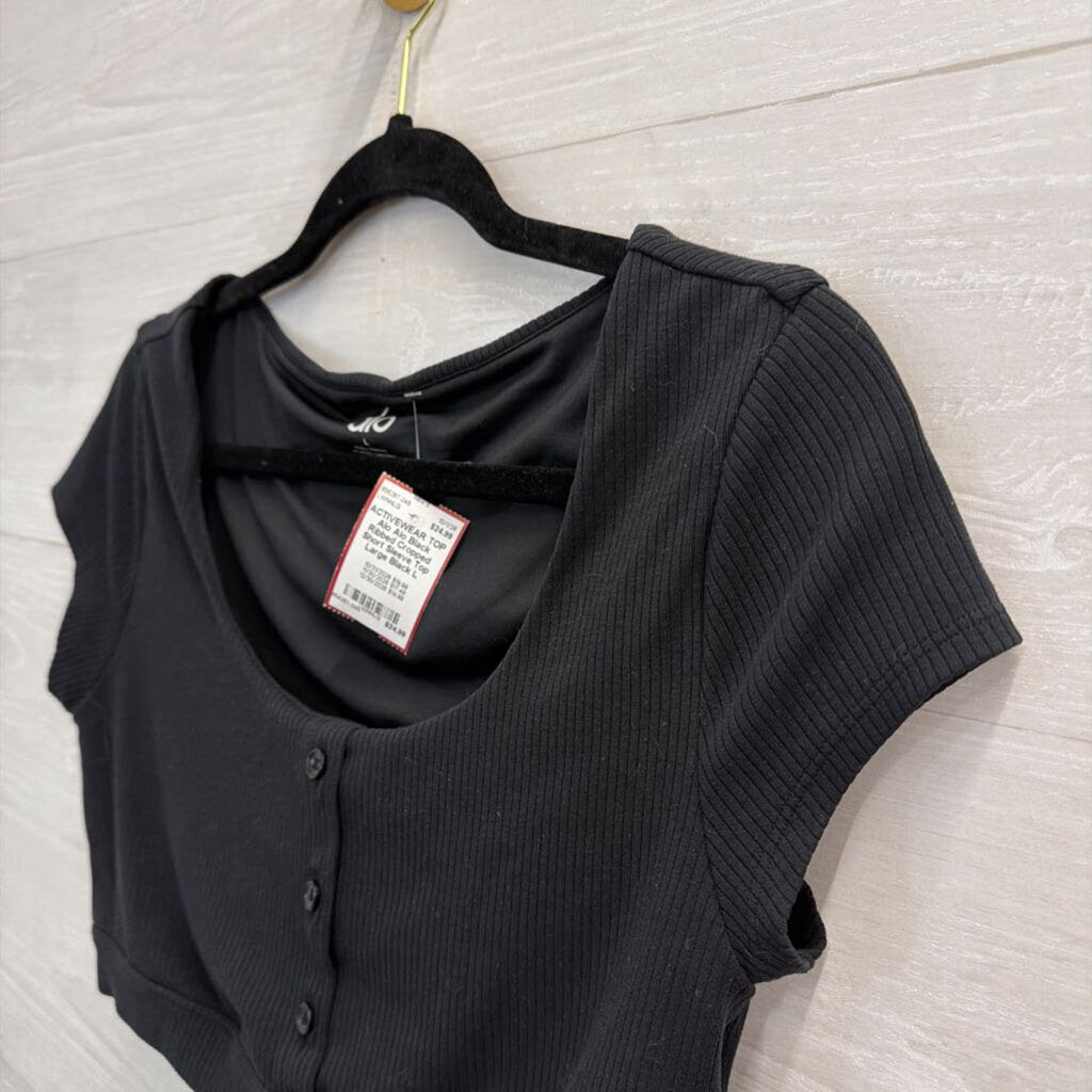 Alo Black Ribbed Cropped Short Sleeve Top Large