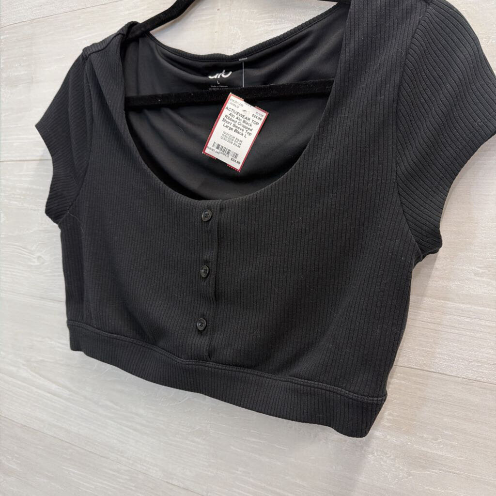 Alo Black Ribbed Cropped Short Sleeve Top Large