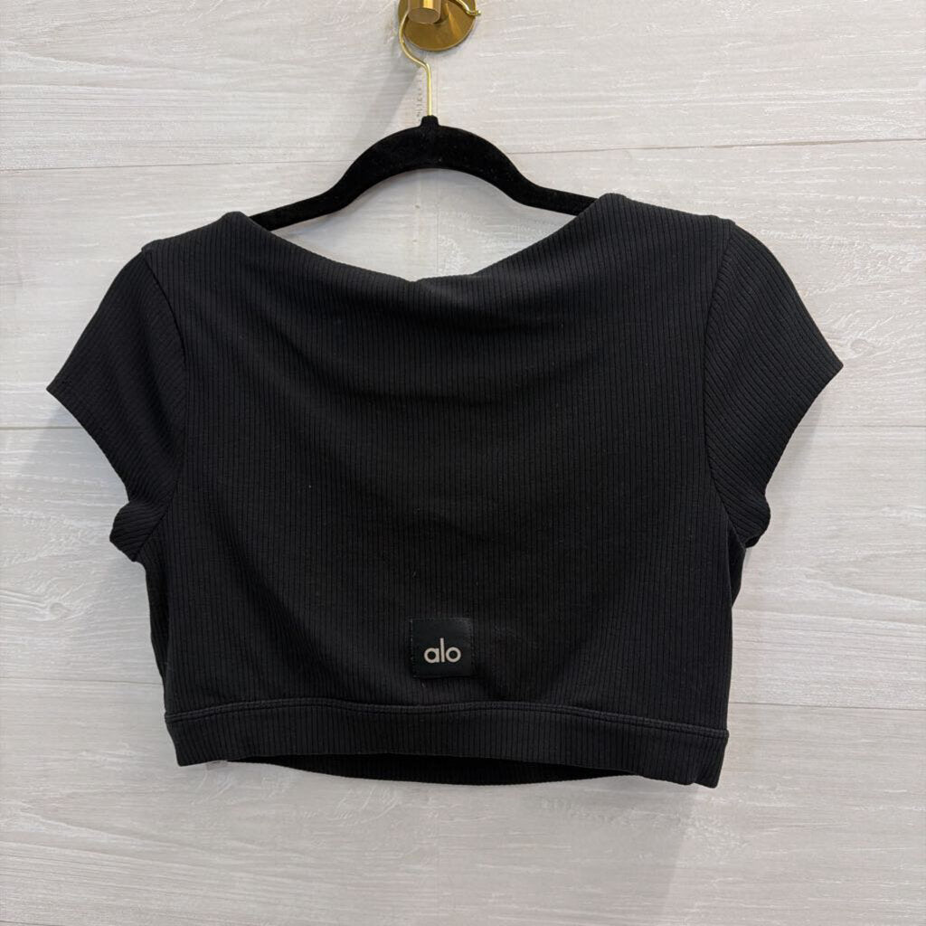Alo Black Ribbed Cropped Short Sleeve Top Large