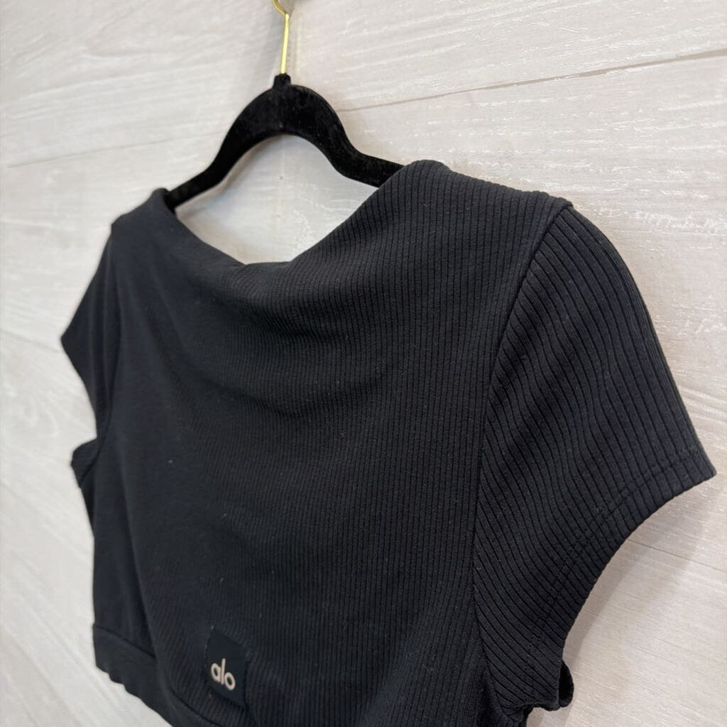 Alo Black Ribbed Cropped Short Sleeve Top Large