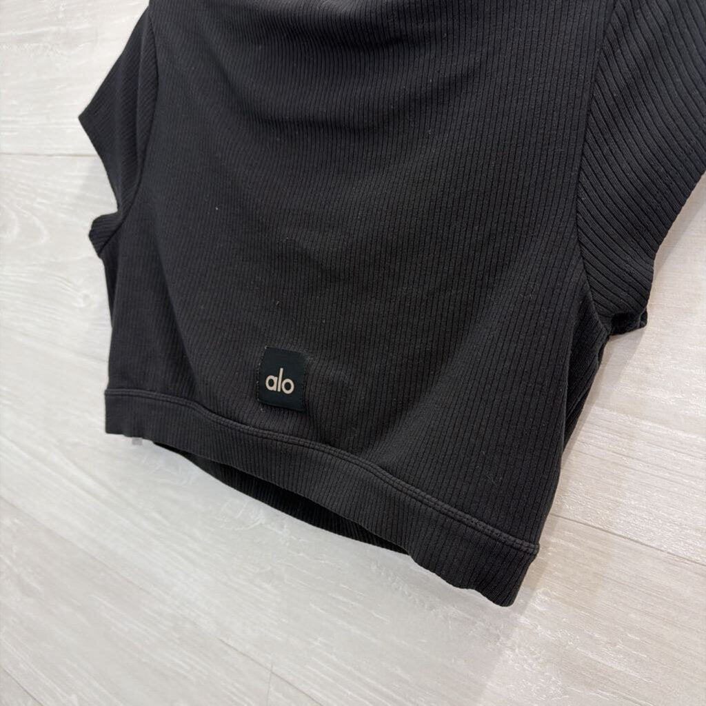 Alo Black Ribbed Cropped Short Sleeve Top Large