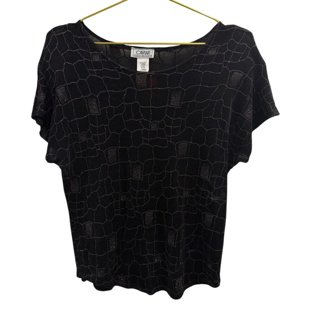Vintage Caviar Black Sparkle Print Short Sleeve Top Large