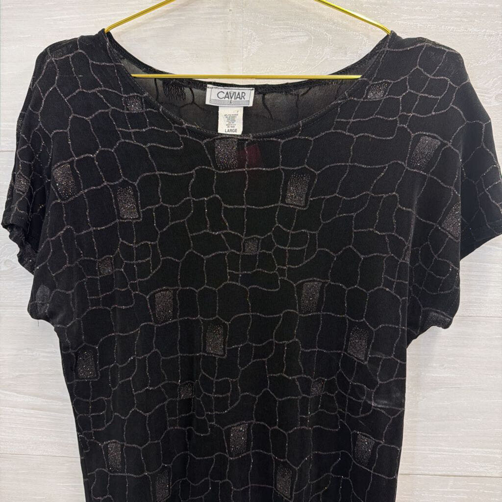 Vintage Caviar Black Sparkle Print Short Sleeve Top Large