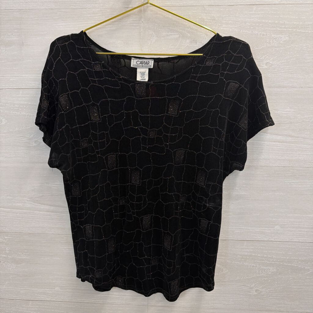 Vintage Caviar Black Sparkle Print Short Sleeve Top Large
