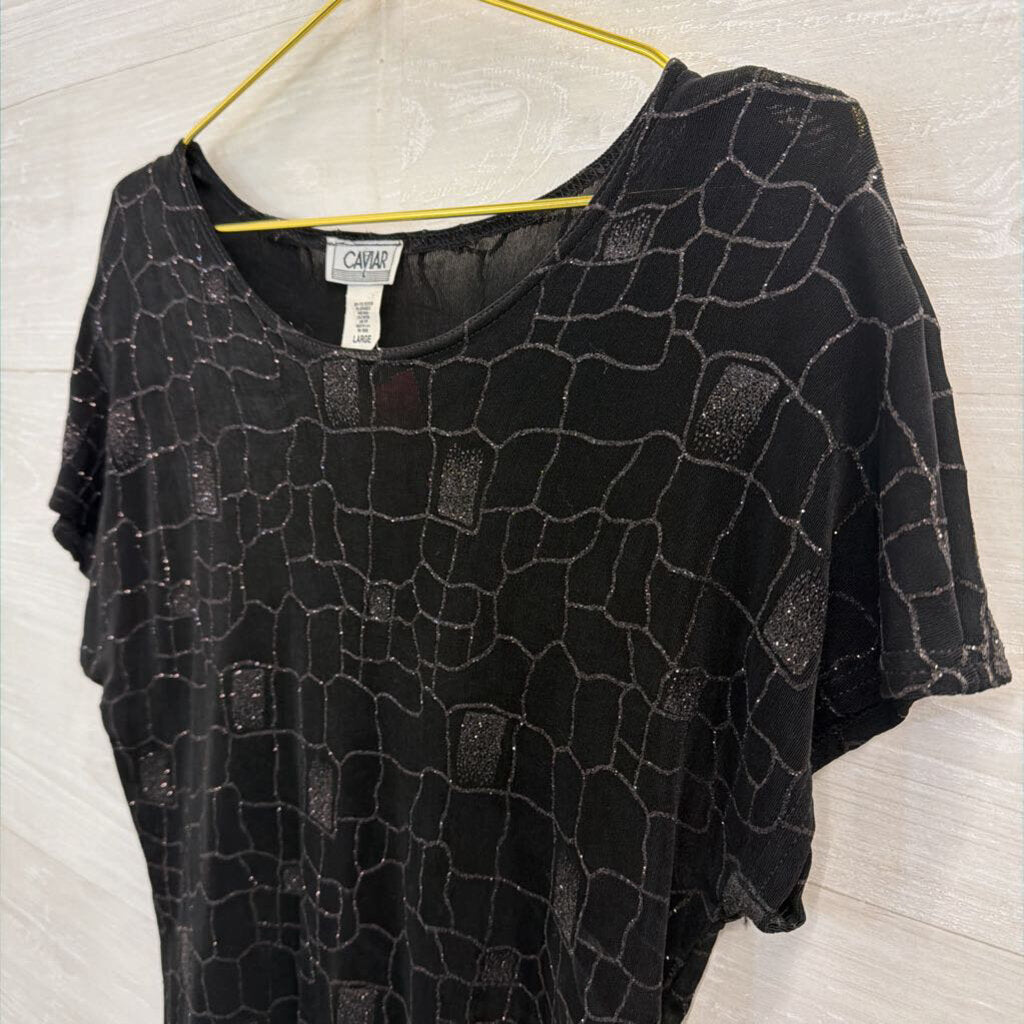 Vintage Caviar Black Sparkle Print Short Sleeve Top Large