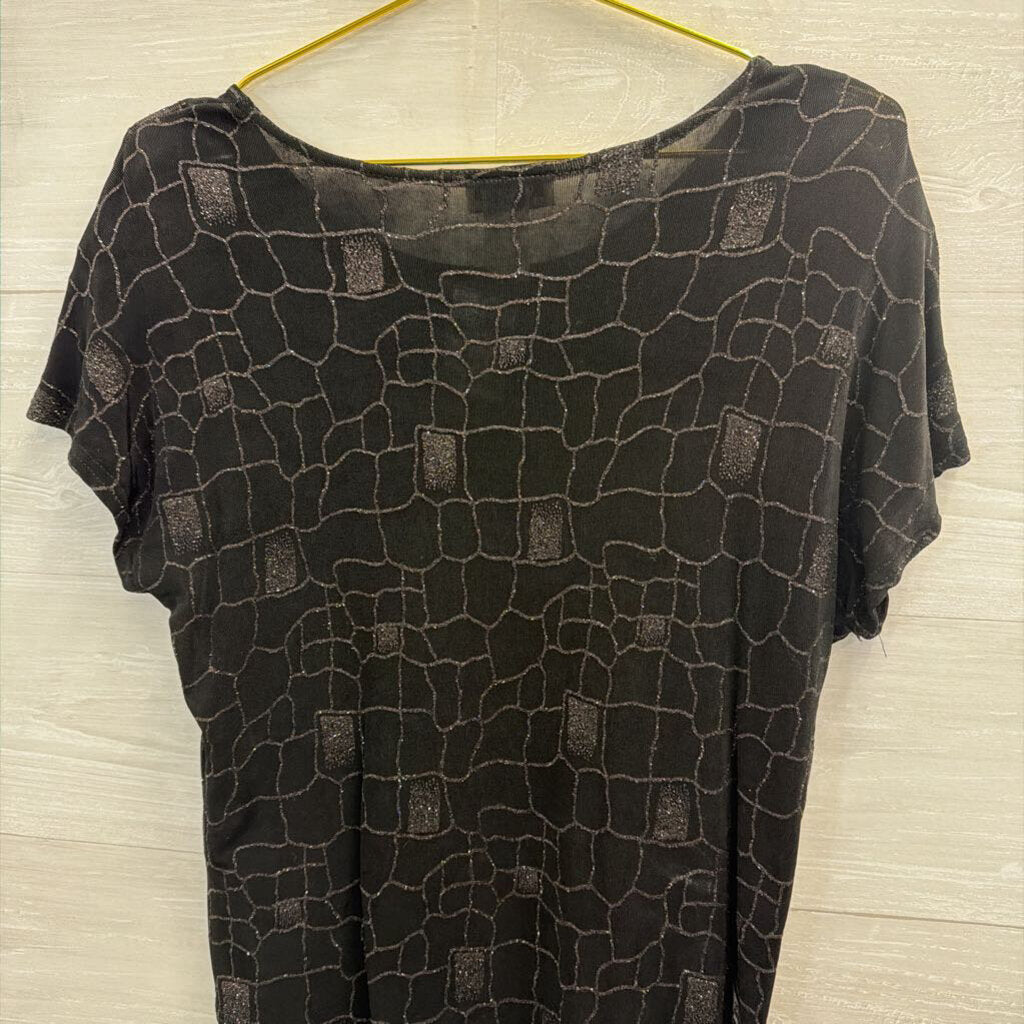 Vintage Caviar Black Sparkle Print Short Sleeve Top Large