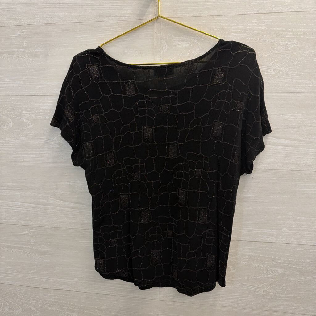 Vintage Caviar Black Sparkle Print Short Sleeve Top Large