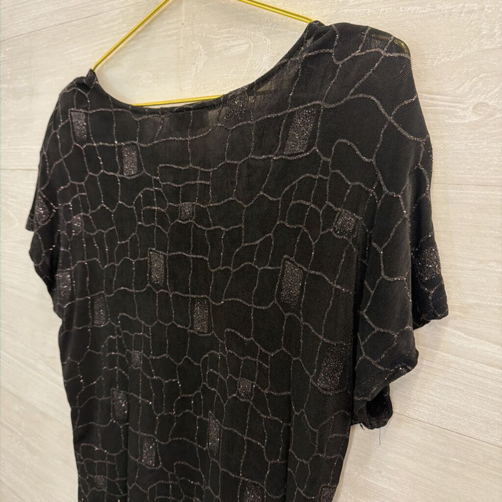 Vintage Caviar Black Sparkle Print Short Sleeve Top Large