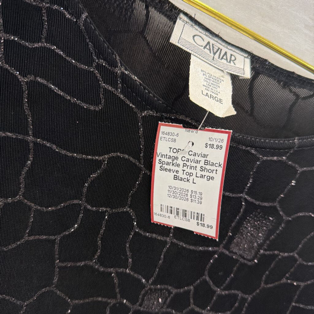 Vintage Caviar Black Sparkle Print Short Sleeve Top Large