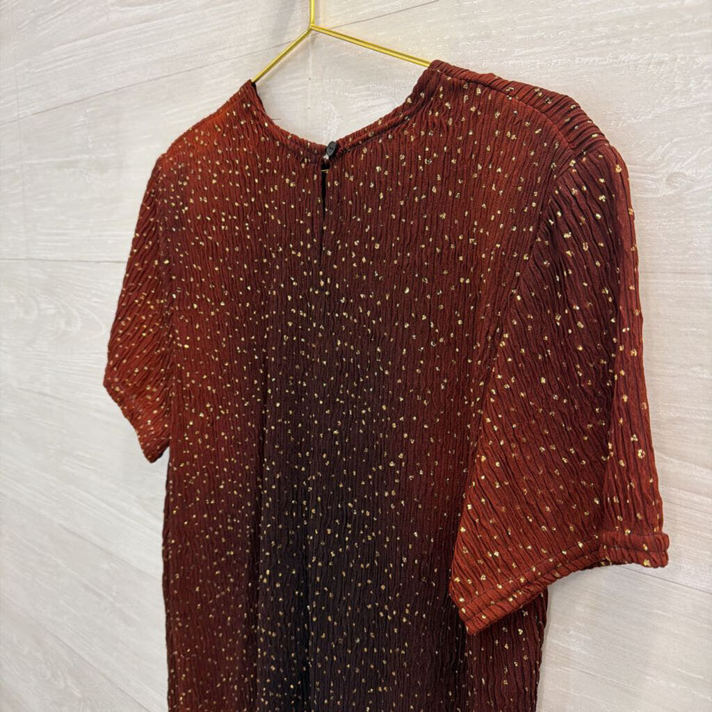 Vintage Gloria Lance Burgundy Ombre Gold Sparkle Short Sleeve Top Medium
