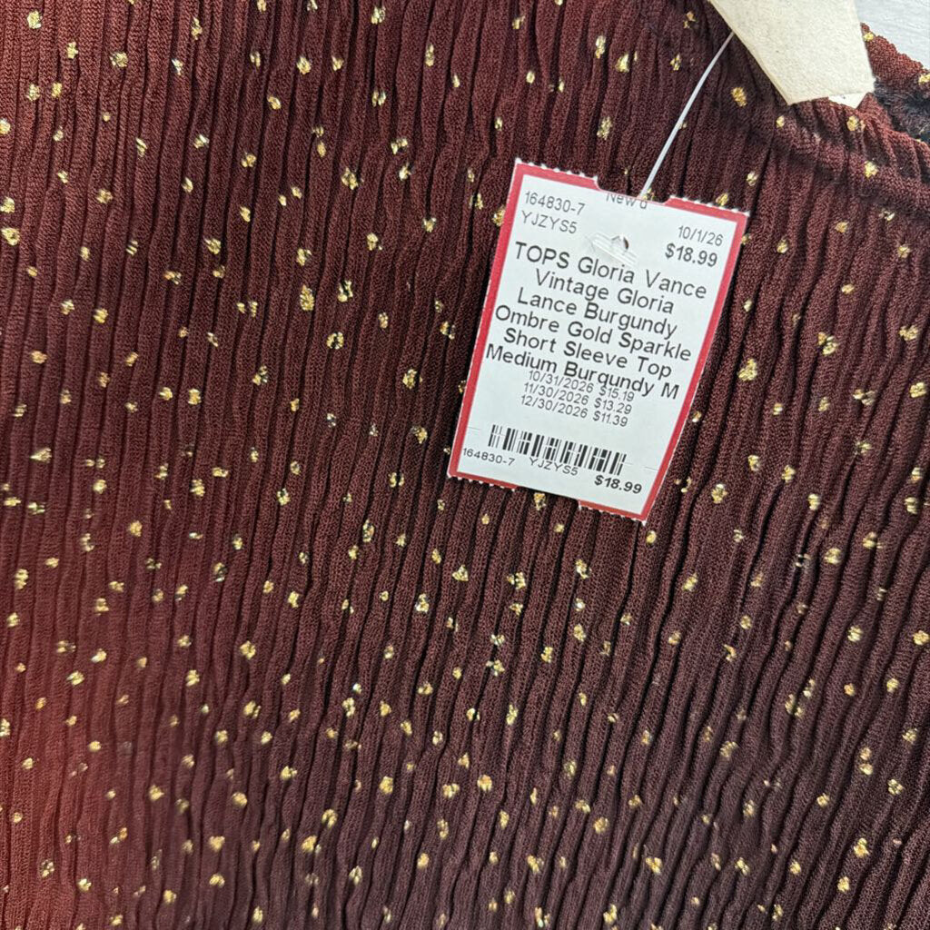 Vintage Gloria Lance Burgundy Ombre Gold Sparkle Short Sleeve Top Medium