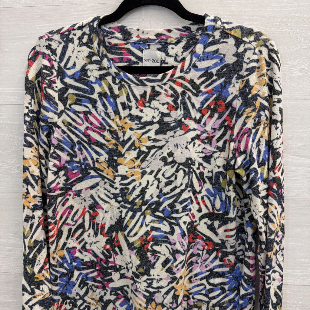 Nic and Zoe White/ Multi Print Long Sleeve Top Small