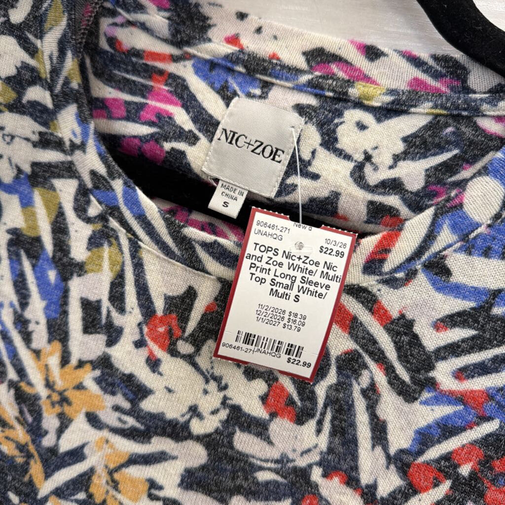 Nic and Zoe White/ Multi Print Long Sleeve Top Small