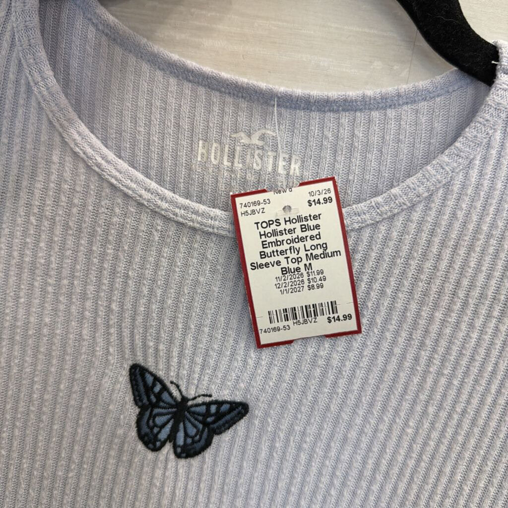 Hollister Blue Embroidered Butterfly Long Sleeve Top Medium