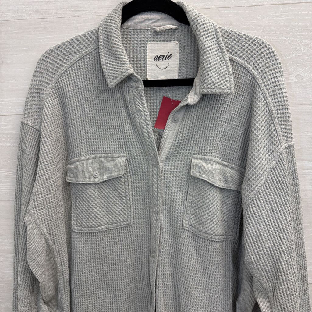 Aerie Grey Textured Long Sleeve Button Down Top Medium