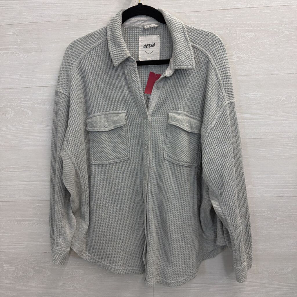 Aerie Grey Textured Long Sleeve Button Down Top Medium