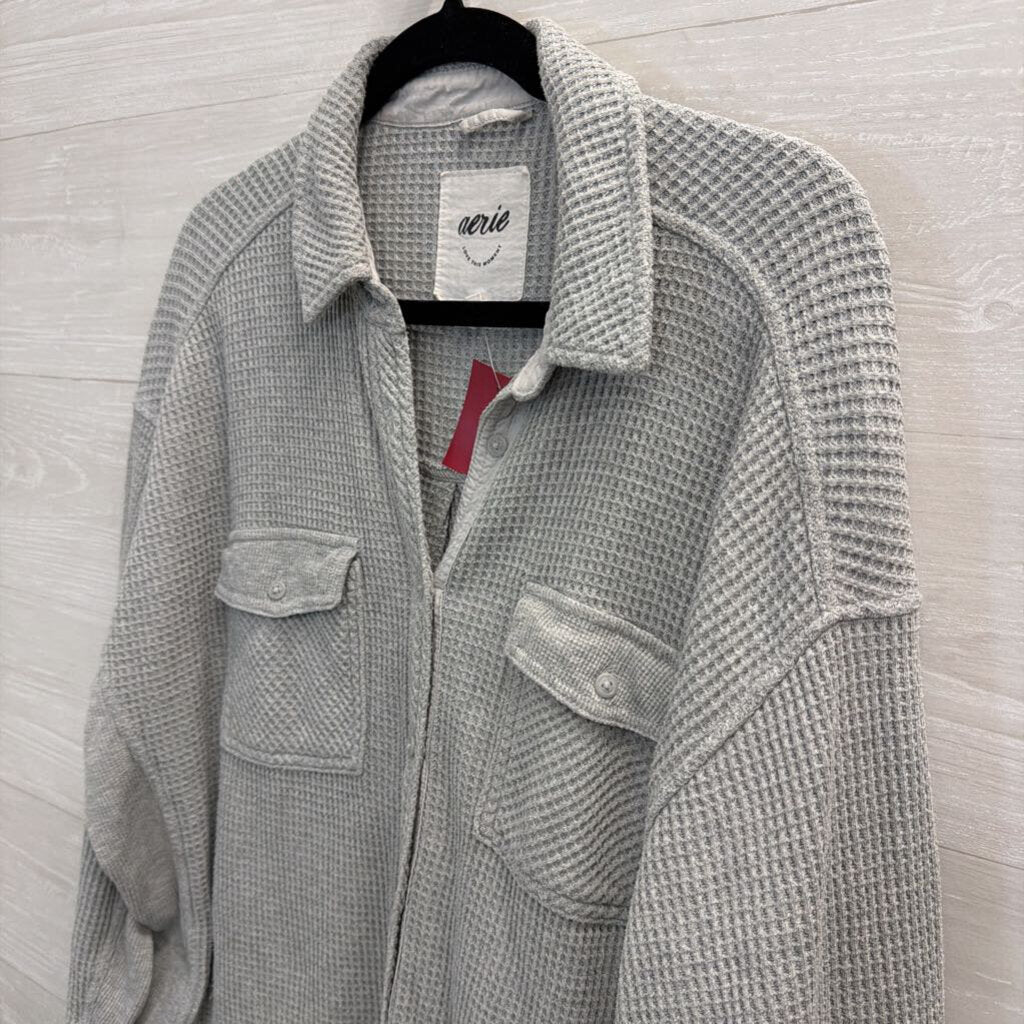 Aerie Grey Textured Long Sleeve Button Down Top Medium
